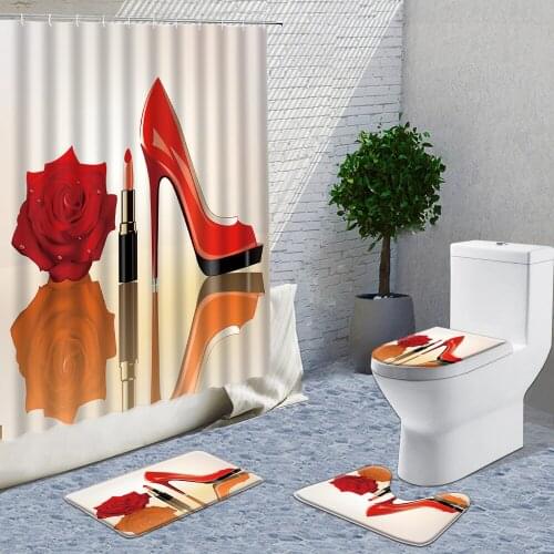 Red Rose Bathroom Curtain Set Pink High Heel Bath Mat Sets Shower Curtains with Hooks Black Non-Slip Pedestal Rug Toilet Cover