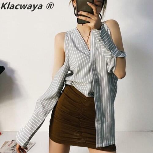 Shirt Blouse Women Striped Button Up Camisa Larga V-Neck Long Sleeve Sexy Bare Shoulders Bluzki Damskie Letnie Camisa De Mujer