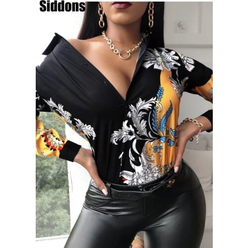 Women Floral Print Long Sleeve Shirt v-neck streetwear office ladies Women Tops and Blouses