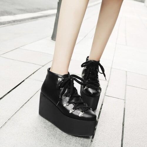 YMECHIC 2018 Ladies Punk Creeper Platform Gothic Boots Lace Up Cross Tied Thick Sole Wedges Shoes Combat Ankle Boots for Women