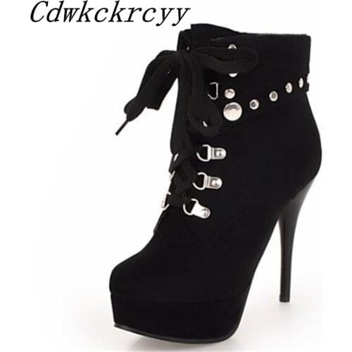 Women Boots winter New style personality rivet Short boots Round head Fine heel Martin boots Anterior lace Suede sexy Boots34-48