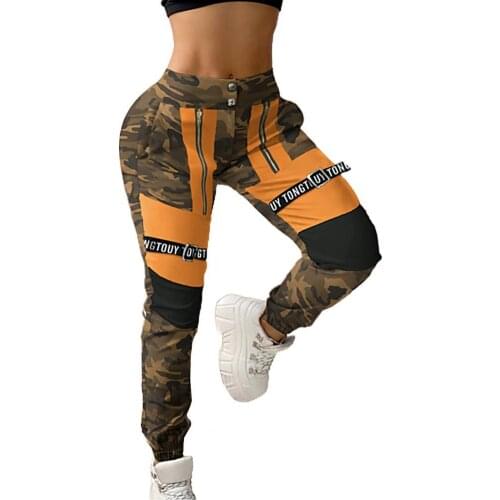 Women Pants High Waist Color Block Button Zipper Cargo Pants Sweatpants Long Trousers 2021 for outdoor activities