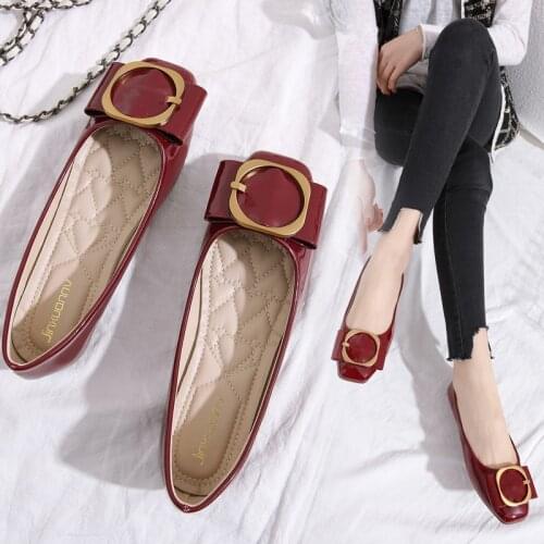 Big Size 42/43/45 Square Toe Shoes for Woman Boat Loafers Japanned Leather Flats Bowknot Ballet Single Shoes Metal Buckle Flats