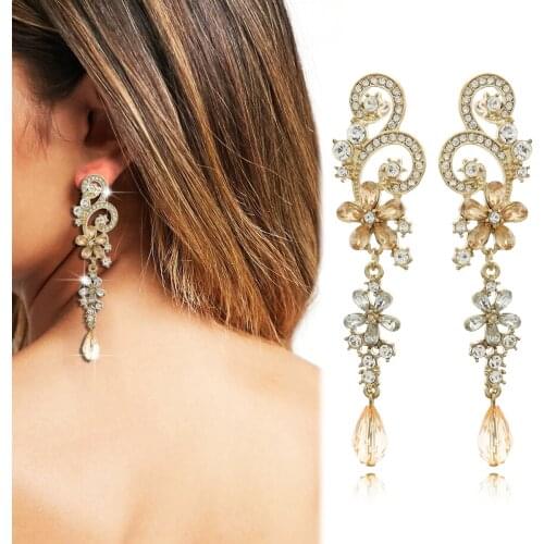 Bridal Flower Earrings for Women Austrian Crystal Drop Long Dangle 1920s Flapper Art Deco Ear Studs Big Rhinestone Fashion