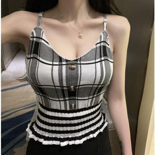 Women Corset Tops Summer 2021 Ruffled Plaid Knitted Sweater Spaghetti-Strap Camisole Top Tank Camis Crop Top For Women