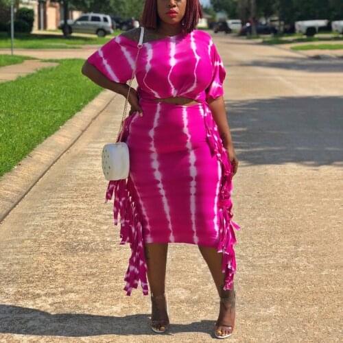 African Ladies Skirt Sets Pink Printed Tassel Blouse & Skirts Fashion High Waist Mid Calf Elegant Evening Night Party Outfit Set