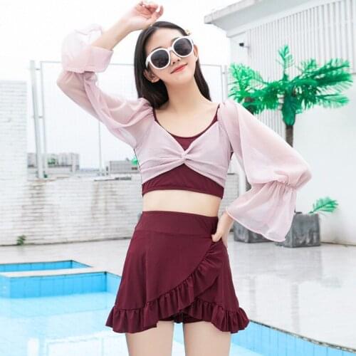 2021 Korean Sexy Lace High Waist Bikini Sets Women Long Sleeve Swimsuit Two Pieces Beach Bathing Suits Swimwear Swimskirt