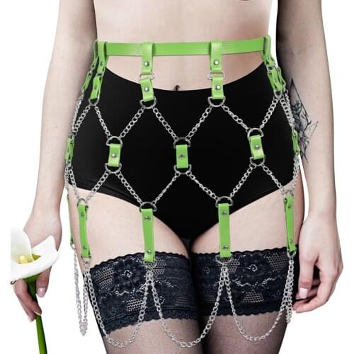 Womens Belt Bdsm Leather Skirt Harness Punk Goth Pole Dance Rave Costume Stocking Garters Harajuku Metal Chain Accessories