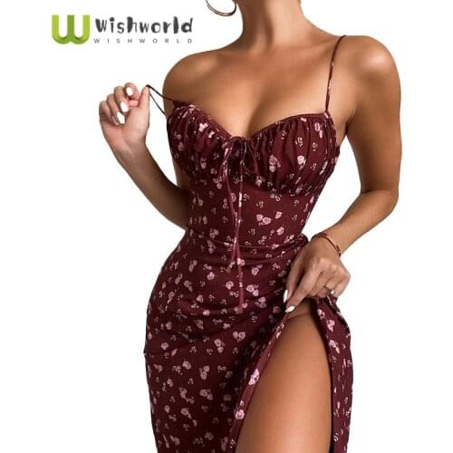 Wishworld Floral Print Sexy Bodycon High Split Dress Women 2021 New Sleeveless Short Dress Party Club Elegant Backless Vestidos