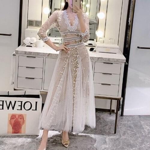 Solid White Embroidery Long Sleeve Dresses Women Lace Runway 2021 Luxury High Waist Fall Woman Dress Maxi Dresses for Women