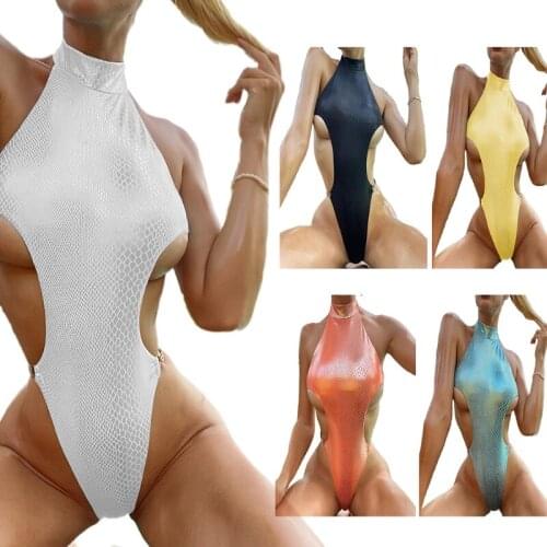 Women Sexy One-Piece Halter Bikini Reflective Snakeskin Cutout Waist Swimsuit
