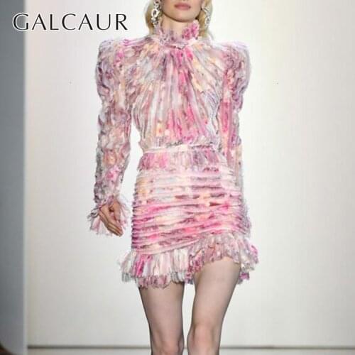 GALCAUR Print Patchwork Ruffle Ruched Women Dress Stand Collar Puff Long Sleeve High Waist Hit Color Dresses Female Fashion 2021