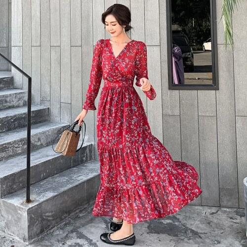 2021 New Women Chiffon Dress Autumn Spring Female Fashion Vintage Long Sleeve V-neck Casual Printed Floral A-line Dress Party