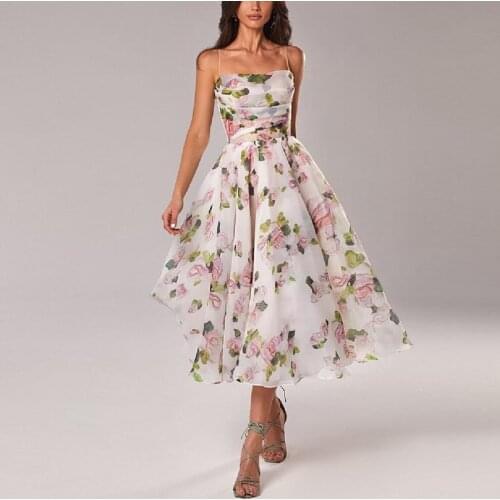 Fashion Sexy 2021 Summer Women Print Sleeveless Spaghetti Strap Ruched Irregular Hem Midi Dress Party Dresses Vestidos