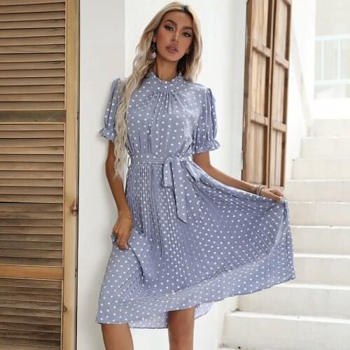 Vintage Light Blue Polka Dots Summer Dress Women Elegant Stand Collar Short Sleeve Pleated Ladies Long Dress Sashes