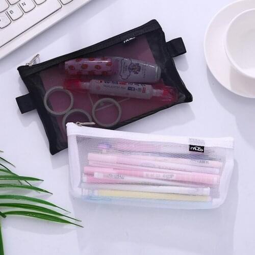 1pc Pencil Bag Korean Simple Transparent Mesh Yarn Pencil Case Zipper Stationery Bag Student Large-capacity Pencil Pouch
