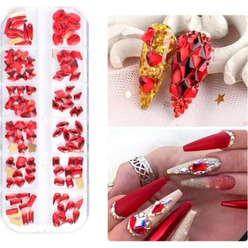 12 Grids/Box Nail Rhinestone Flat Bottomed Beautify Nails Multiple Shape AB Shiny Flat Nail Decoration Beads for Female Nail Art