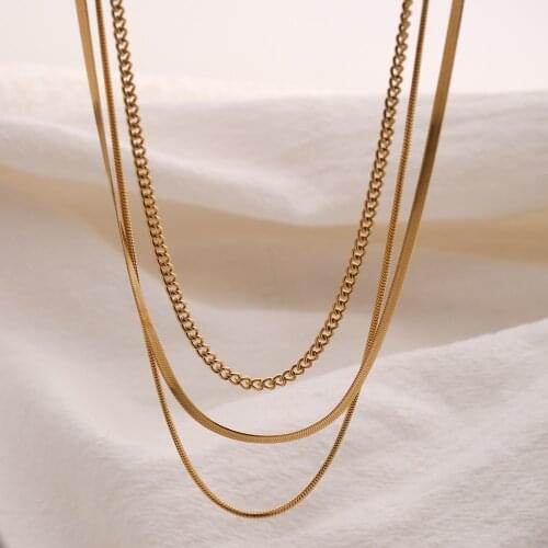 3pcs a Set Vintage 18K Gold Layered Stainless Steel Flat Round Snake Link Chain Necklace For Women Girls Trendy Jewelry Gift