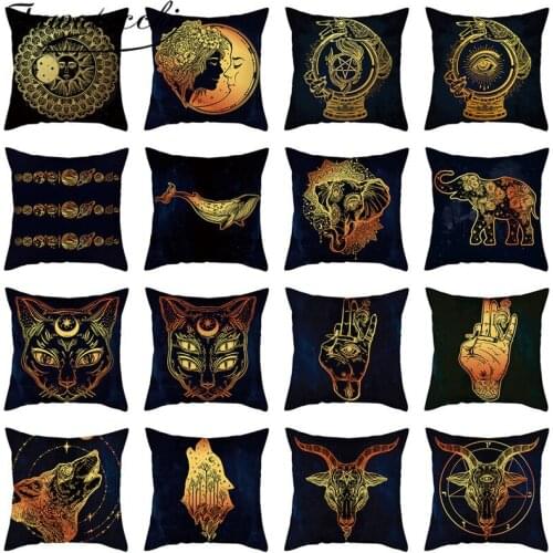 Fuwatacchi Gold Cat Deer Photo Printed Pillow Case Sun Moon Black Cushion Covers For Home Car Chair Sofa Decorative Pillowcases