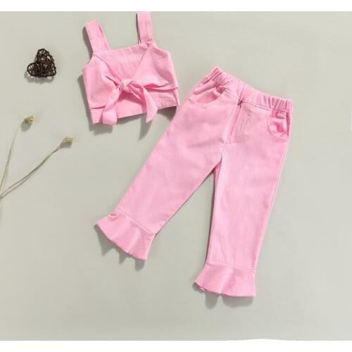 1-6 Years Kids Girl Clothes Set Summer Solid Color Sleeveless Off Shoulder Lace-up Tank Top + Flared Trousers Girls Pink Outfits