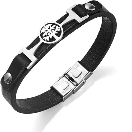 Hollow Tree Stainless Steel Metal Plate Leather Bracelet With Gold Plating