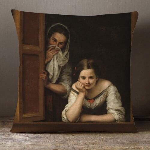 A Girl And Her Duenna Cushion Covers Bartolome Esteban Murillo Art Pillow Case 45X45cm Linen Polyester Sofa Decoration