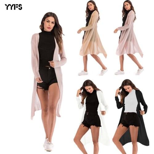 New Womens Fashion Perspective Thin Knitted Cardigan Solid Color Long Sleeve Shawl with Coat Women Sweater