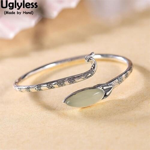 Uglyless Thai Silver Ethnic Peacock Bangles for Women Natural Jade Peacock Feather Open Bangle Real 925 Silver Vintage Jewelry