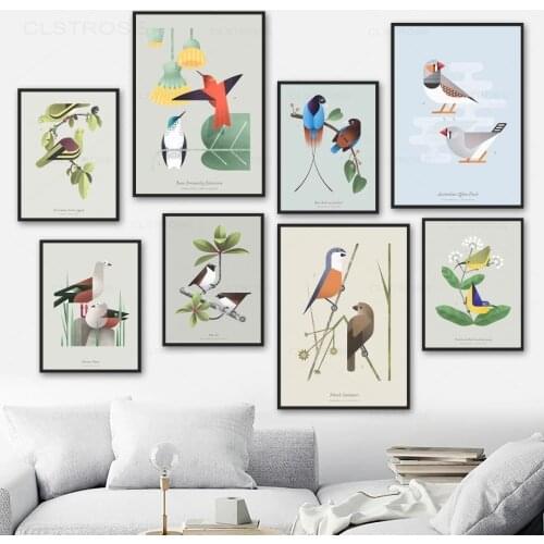 Bird Flower Leaf Grass Cartoon Animal Wall Art Canvas Painting Nordic Posters And Prints Wall Pictures For Living Room Decor