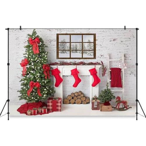 Christmas Backdrop Decorative Tree Fireplace Socks Gift window White vintage wall Photography Background For Photo Studio