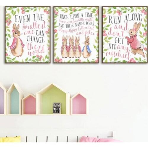 Pink Rabbit Baby Girls Cartoon Posters and Prints Nursery Watercolor Painting Wall Art Picture Nordic Decoration for Kids Room