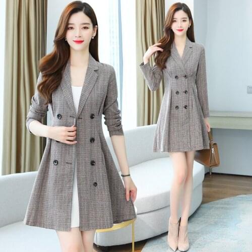 Spring and Autumn Womens New Houndstooth British Vintage Suit Collar Double Breasted A- line Plaid Long-Sleeved Dress