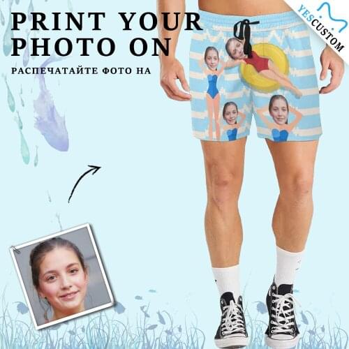 YesCustom Custom Face Photo Swim Suit Wear Mid-Length Drawstring Men Trunk Surffing Shorts Couple Beach Party Blue Sports Pants