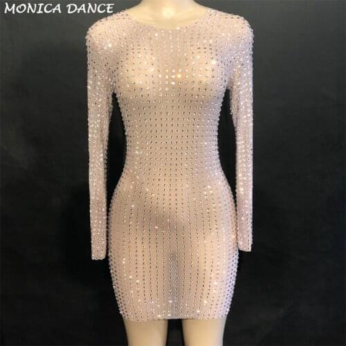 Women Sparkly Silver Full Rhinestones Mesh Perspective Dress Evening Party Luxurious Long Sleeve Dress Birthday Celebrate Dress