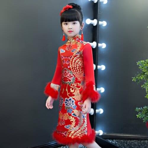 Winter Dress Kids Girls Oriental Chinese Traditional Costumes Vintage Cheongsams For Wedding Party Girls New Year Qipao Dress