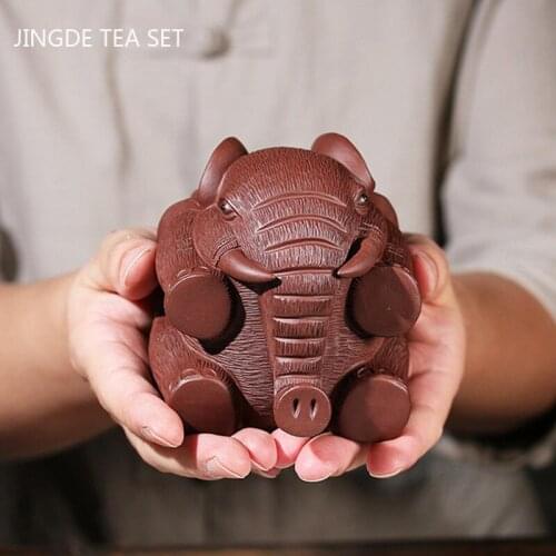 1PCS Yixing Boutique Purple Clay Tea Pet Handmade Elephant Statue Ornaments Desktop Sculpture Crafts Chinese Tea Set Decoration