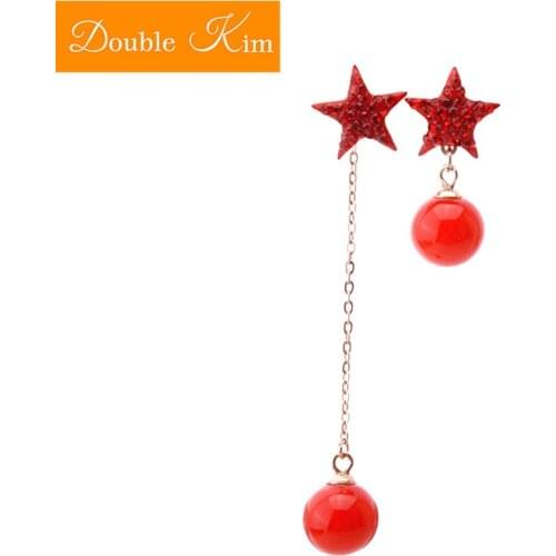 Red Star Pearl Asymmetric Stud Earrings Titanium Stainless Steel Inlaid Pearl Rose Gold Long Tassels Fashion Women Jewelry Gift