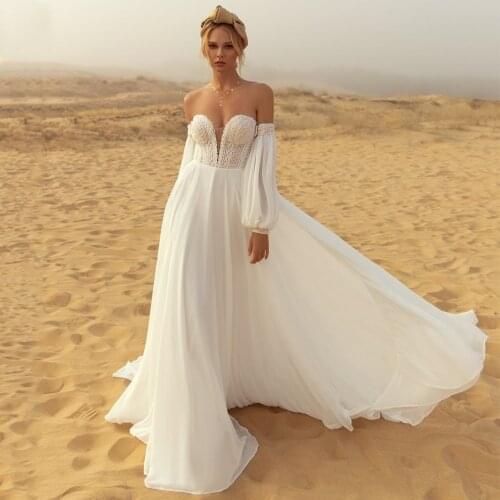 Bohemian Side Slit A-Line Wedding Dress 2021 Sexy Sweetheart Off the Shoulder Sweep Train Lace Zipper Back Bridal Gowns