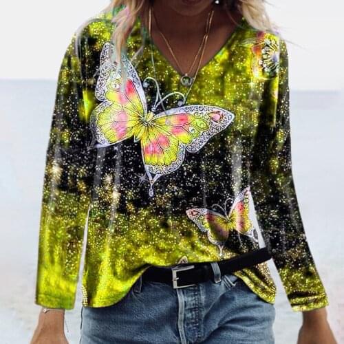 Womens T-shirt Spring and Autumn New Fashion Vintage Butterfly Printed V-Neck Long Sleeve Casual Plus Size Top Bottoming Loose
