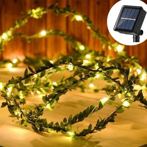 2/5/10m Solar Powered LED String Light Tiny Green Leaf Garland Holiday Copper Artificial Leaf Vine Lights for Christmas Party