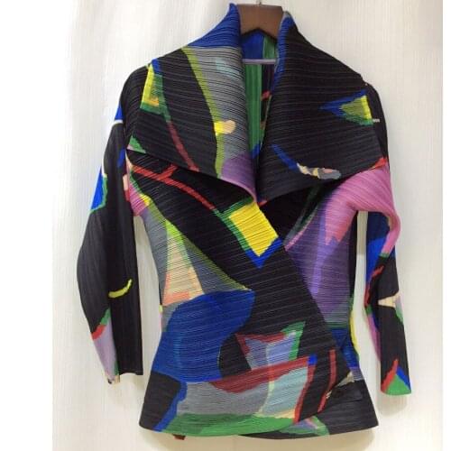 HOT SELLING MIiyake Fashion fold long sleeve print coat single button turndown collar coat IN STOCK