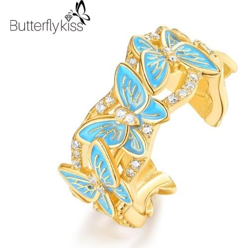 BK Butterfly Finger Rings For Women Real 925 Sterling Silver Zircon Gem Open Adjust Engagement Wedding Party Ring Fine Jewelry
