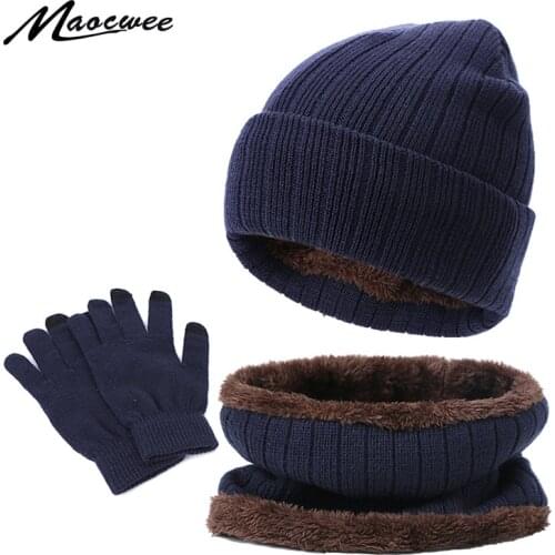 Knitting 3 Pieces Winter Women Mens Hat Scarf&Gloves Set Warm Thicken Winter Plus Velvet Warm Hat Scarf Touch Screen Gloves
