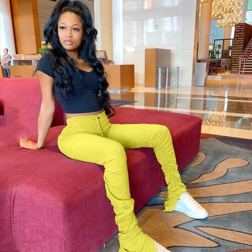 7 Colors Ladies Pleated High Waist Stacked Leggings Joggers Sweatpants Elastic Flare Pants Women Bell Bottom Ruched Trouser