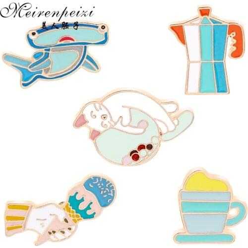 Meirenpeizi Fuuny Cat Fish Ice cream Teacup cup badge brooch Lapel pin Jeans shirt Cartoon Jewelry Gift Coffee Lovers