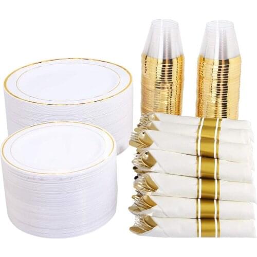 25pcs Golden Rose Golden Plastic Tableware Birthday Set And Disposable Plastic Plate Salad Plate Fork Spoon Party Decoration