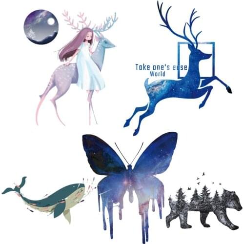 Cute Animal Dinosaur Patches Cartoon Stickers Iron On Transfers For Shirt Unicorn Appliques Heat Transfer Vinyl Washable Clothes