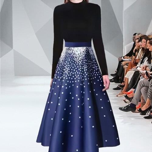 2021 Autumn And Winter New Product European Station Catwalk Slim Bottoming Sweater + Fashion Printed Skirt Two-piece Womens Dre