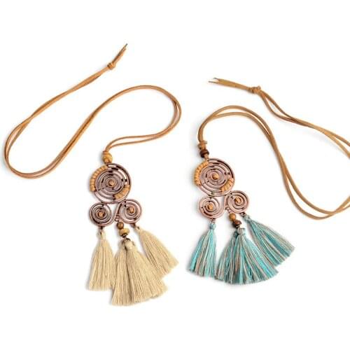 New Bohemia Womens Necklaces Leather Link Sweater Chain Ethnic Round Long Tassel Necklace for Women Jewelry