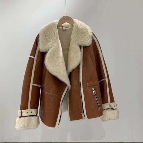 Natural Sheep Real Wool Double-Fced Fur Women Coat Winter Short Overcoat Turn-Down Collar Thick Warm Moto & Biker Style